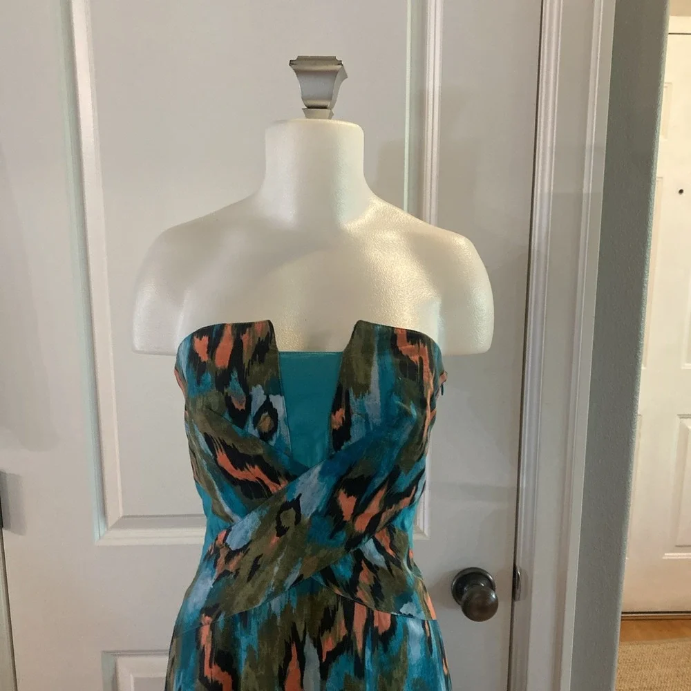 Anthropologie Girls From Savoy Teal‎ Painted Ikat Flared Strapless Dress Size 8